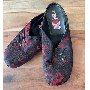 TUK 10 red black brocade Chinese slip-on shoes mule flats slipper Asian